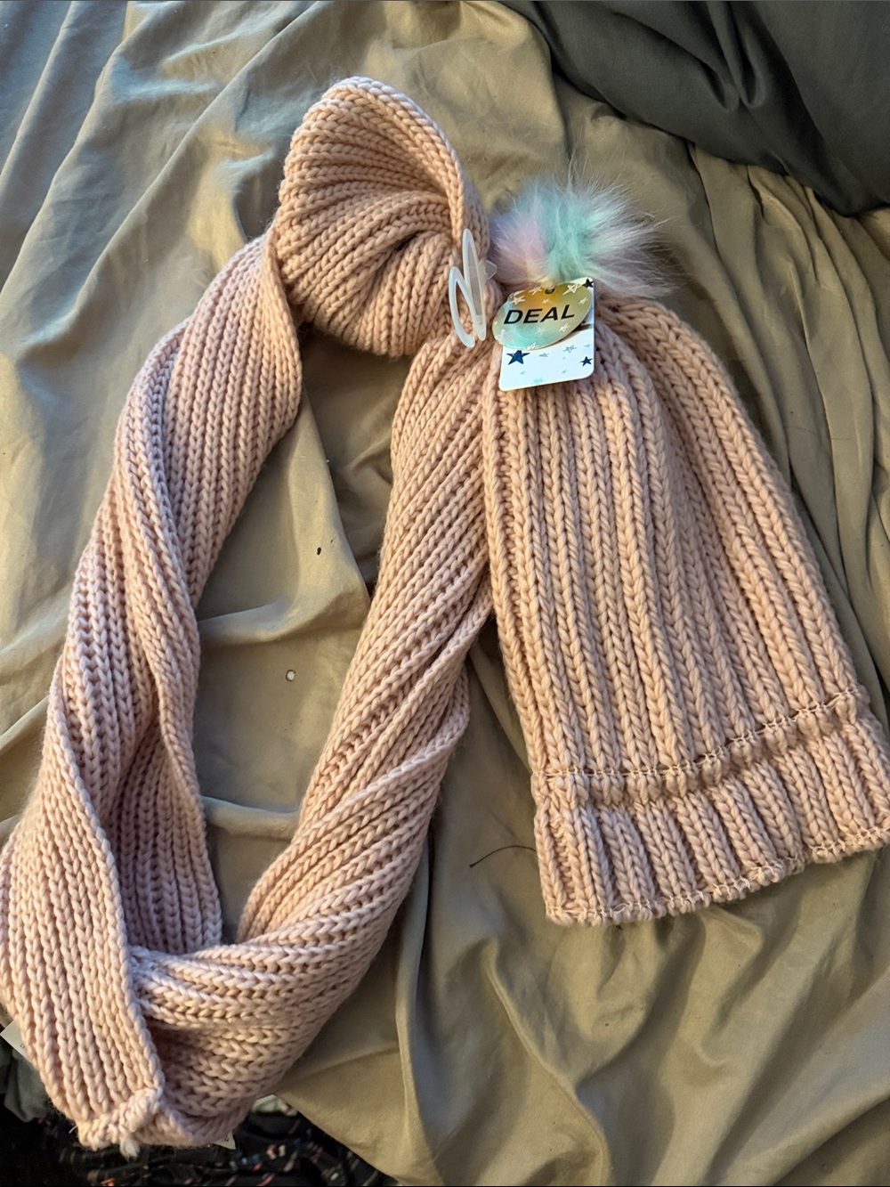 Blush Pink Knit Beanie and Scarf Set with Pom-Pom